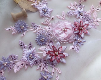 3D Flower Bridal Lace, Lavender Pink Lace Applique, Bead Applique for Weddings, Millinery, Lace bodice, Dresses