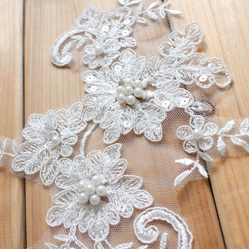 Off white bridal headpiece, alencon pearl beaded applique, wedding lace appplique with sequins image 2