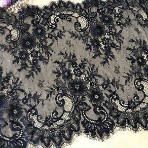 Black Lace, Scalloped lace trim, french chantilly floral lace trim, lace table runner