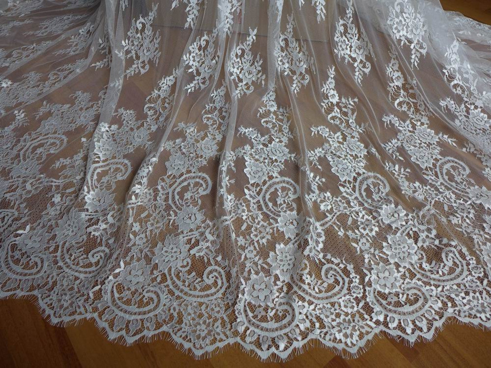 Ivory French Chantilly Lace Fabric Graceful Floral Wedding Etsy