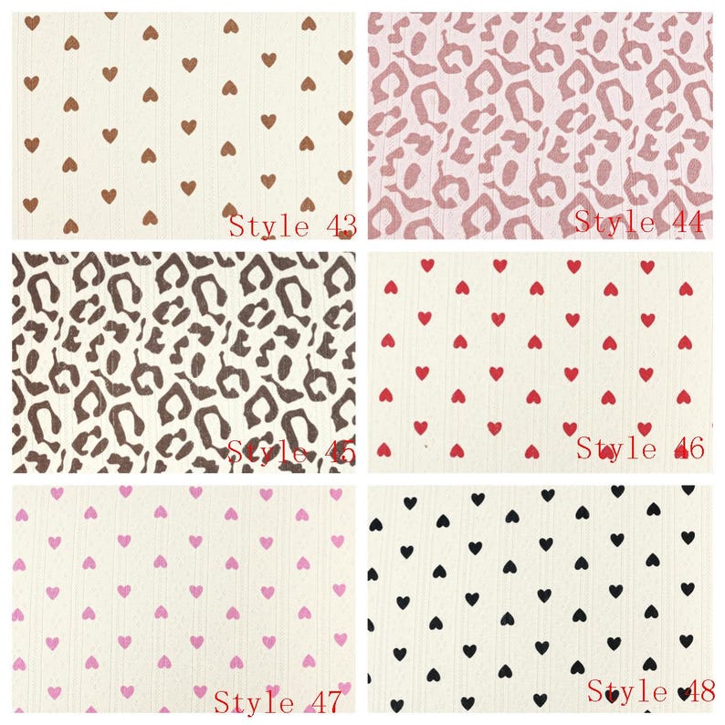 May include: A collection of six fabric swatches featuring repeating patterns. Style 43 has brown hearts on cream, 44 has pink leopard print, 45 has brown leopard print, 46 has red hearts on cream, 47 has pink hearts on cream, and 48 has black hearts on cream.