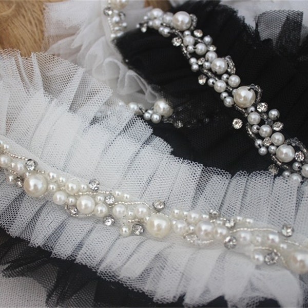 Off white / Black Pearl Beaded with Rhinestone Trim Ruffled Mesh Lace for Bridal Accessories, Headbands, Dance Costume