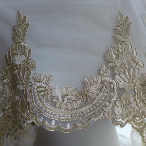 Luxurious Lace Gold Alencon Lace Embroidered Tulle Lace Fabric Trim for DIY Wedding, Bridal Veils, Garments