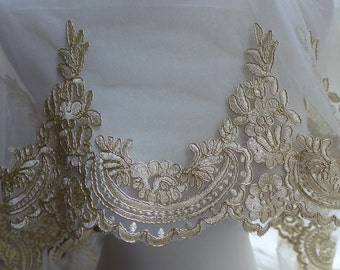 Luxurious Lace Gold Alencon Lace Embroidered Tulle Lace Fabric Trim for DIY Wedding, Bridal Veils, Garments