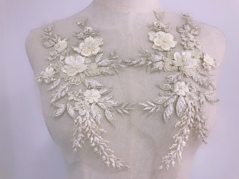 Beaded Wedding Motif Bridal Lace Sew on Trim Gold Floral Wedding Applique 1 PC