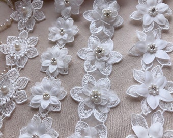 3D flower lace, pearls bead flower trims, ivory lace trim for headbands, girl dress, scrapbook embellishment