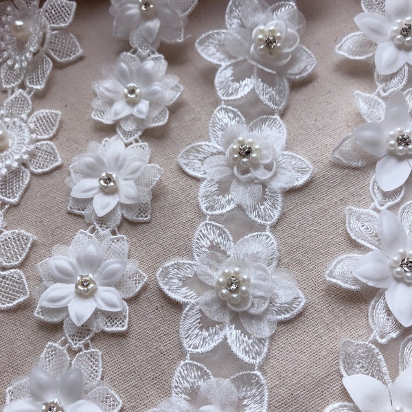 Dentelle florale 3D, bordures florales en perles, bordures en dentelle ivoire pour bandeaux, robe de fille, embellissement de scrapbooking