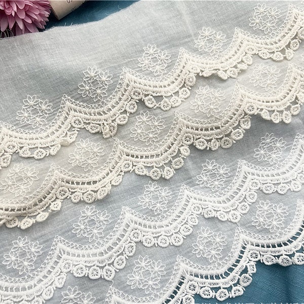 Double Layer Scalloped Cotton Lace Trim for Doll Dress, Wedding Dress, Skirts or Home Decor