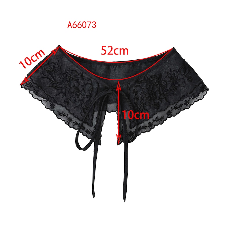 May include: Black lace collar with a bow tie, measuring 52 cm in length and 10 cm in width. The collar has a delicate floral embroidery design.
