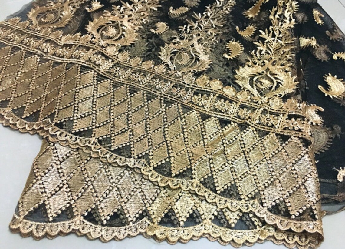 Gold Lace Fabric Embroidery Floral Lace Golden Lace Black Mesh | Etsy
