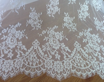 59" wide chantilly scalloped lace ivory floral lace fabric by the yard