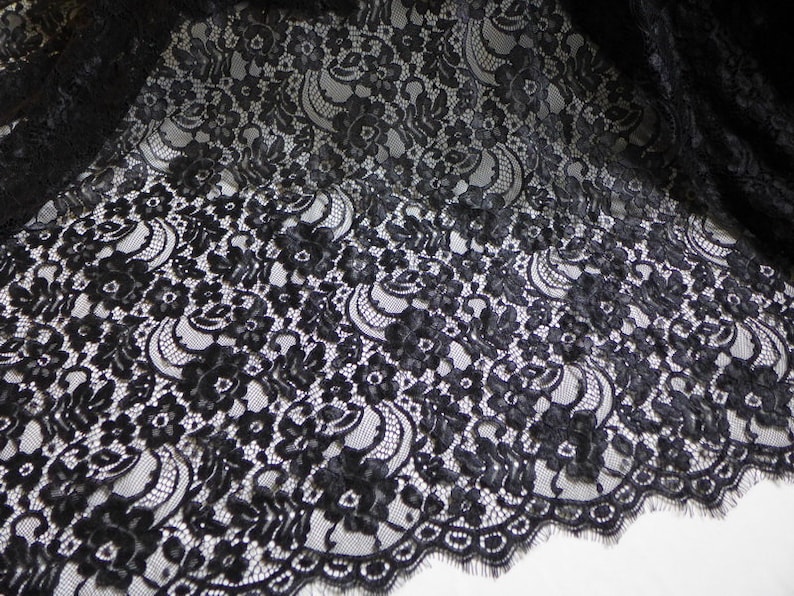 Black Lace Fabric Scalloped Edge Romantic Floral Fabric - Etsy