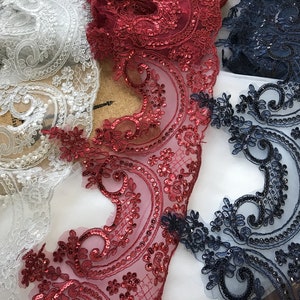 Retro Scalloped Lace Trim Sparkling Sequins Corded Lace for weddings gloves evening dress bridal accessories veil