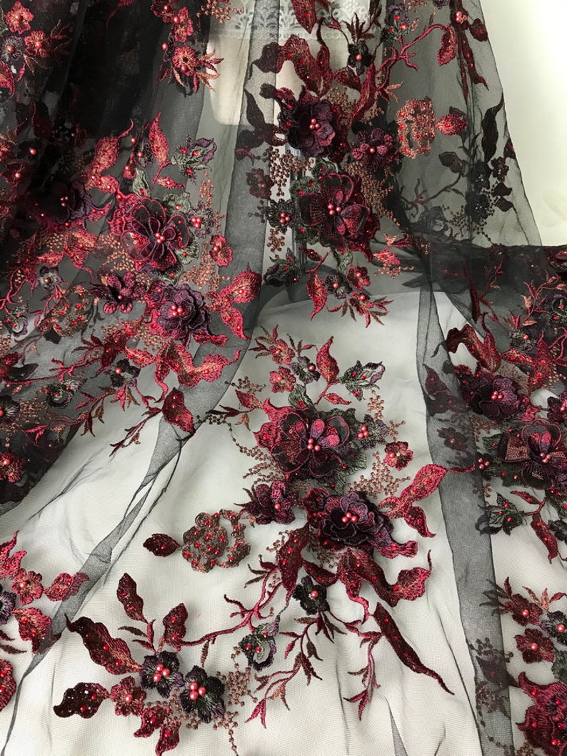 Burgundy Lace Fabric Beaded Applique Black Tulle Fabric 3D Flowers Lace Fabric By The Yard