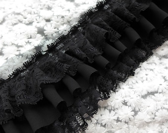 BLACK / OFF WHITE Ruffled Chiffon Lace Trim for Bridal, Baby Dress, Collar Applique, Costume Design