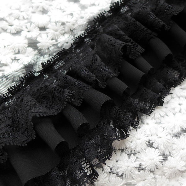 BLACK / OFF WHITE Ruffled Chiffon Lace Trim for Bridal, Baby Dress, Collar Applique, Costume Design