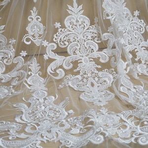 Elegant Wedding Fabric Ivory Heavey Beaded Sequins Embroidered Lace Fabric for Bridal Couture, Beaded Gown, Formals