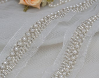 Dentelle perlée de perles ivoire pour robe de mariée, écharpe de mariée, bandeaux, costume
