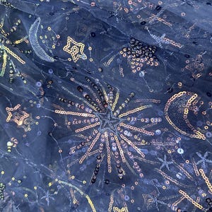 Broderie de paillettes colorées, motif étoiles et lunes, tissu en tulle et dentelle pour robe de fille, robe de cocktail, robe de bal, robe longue