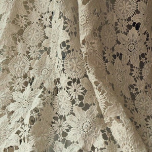 Vintage Lace Fabric, Beige Cotton Guipure Fabric with Floral Pattern, Both Sides Scalloped Design