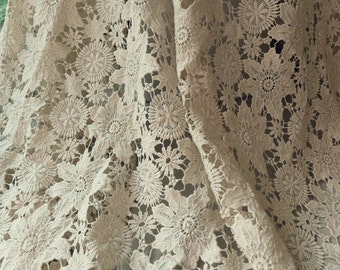 Vintage Lace Fabric, Beige Cotton Guipure Fabric with Floral Pattern, Both Sides Scalloped Design