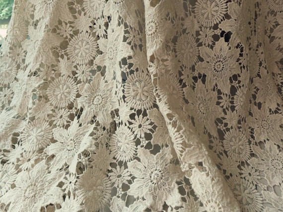Vintage Lace Fabric, Beige Cotton Guipure Fabric With Floral Pattern, Both  Sides Scalloped Design 