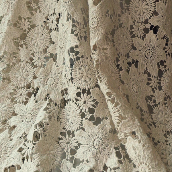 Vintage Lace Fabric, Beige Cotton Guipure Fabric with Floral Pattern, Both Sides Scalloped Design