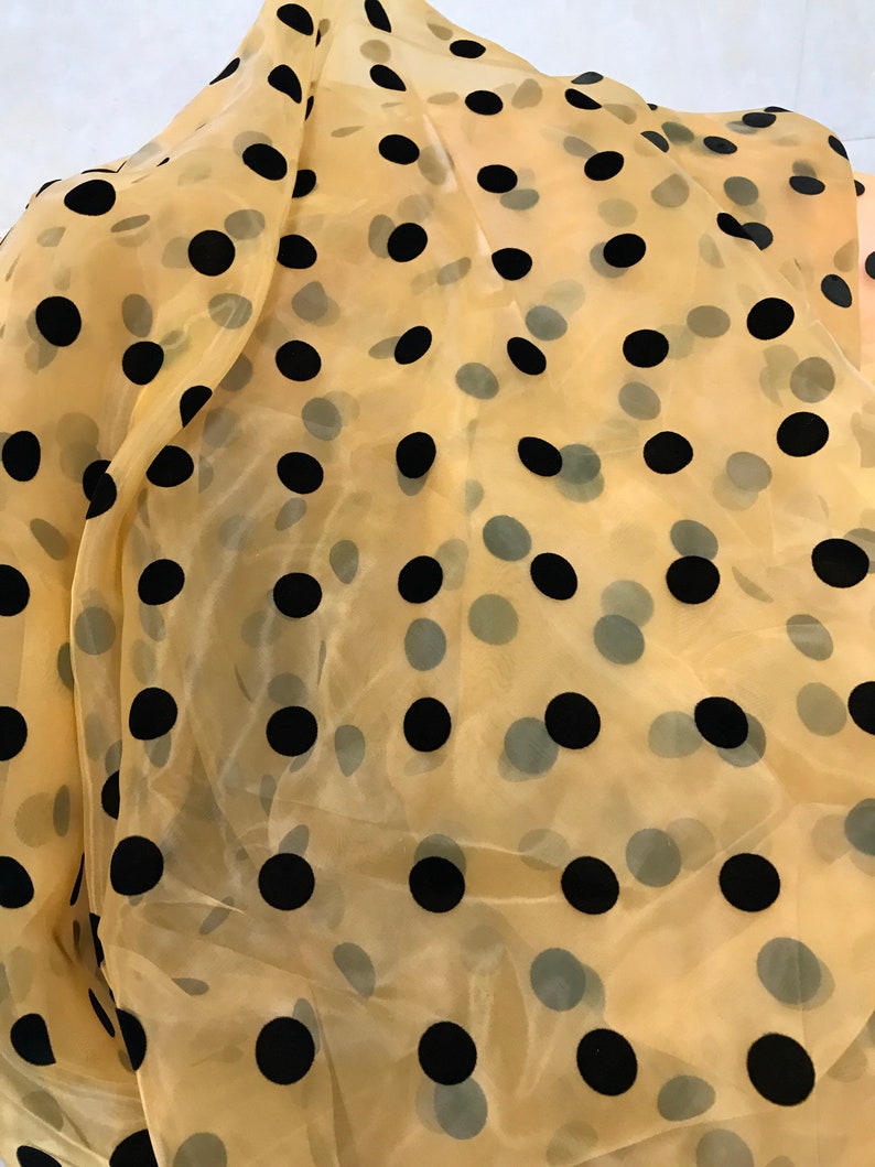 2CM Polka Dots Fabric, Sheer Organza Black Polka Dot Lace Fabric, Retro Flocking Dots Organza Tulle Fabric Yellow