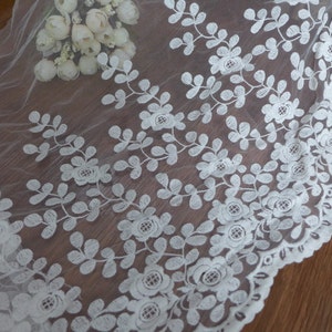 Cotton Floral Embroidered on Tulle Lace in Off White for Bridal, Christening, Regency Costumes