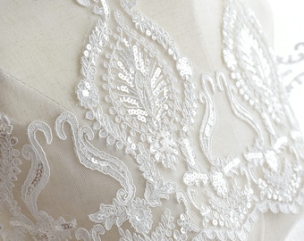 Retro luxury Embroidery Lace Ivory Alencon Lace Trim with Sequins for Bridal Wedding Gown Supplies