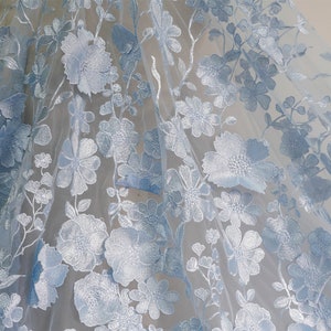 Light Blue Lace Fabric, 3D Flower Applique Embroidered Fabric, Soft Tulle Fabric, Elegant 3D Floral Dresses Fabric 49.2 inch Wide
