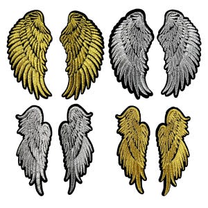 Puede incluir: Una colección de ocho parches bordados con forma de alas de ángel, dispuestos en cuatro pares. El conjunto incluye dos pares de alas grandes doradas, un par de alas grandes plateadas, un par de alas más pequeñas plateadas y un par de alas más pequeñas doradas.