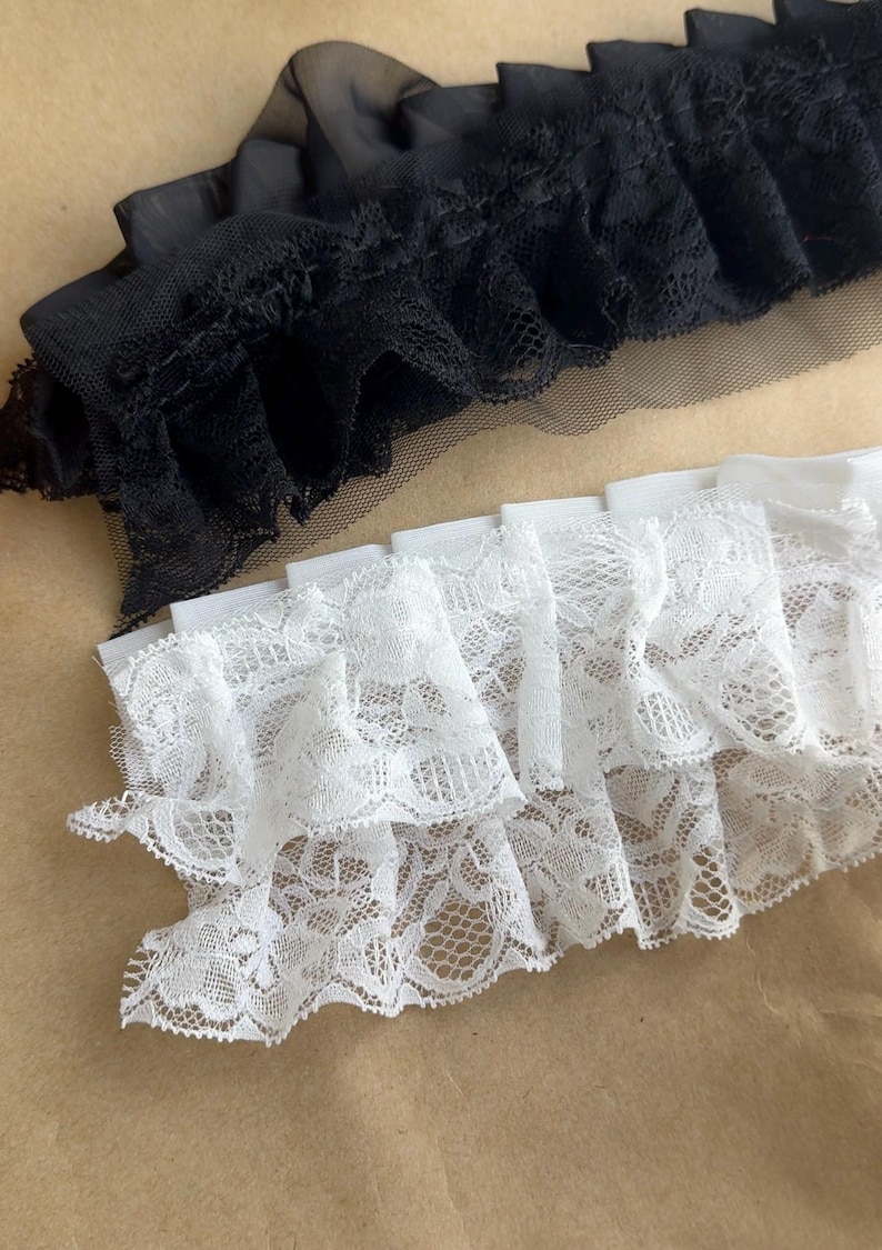 BLACK / OFF WHITE Ruffled Chiffon Lace Trim for Bridal, Baby Dress, Collar Applique, Costume Design image 10
