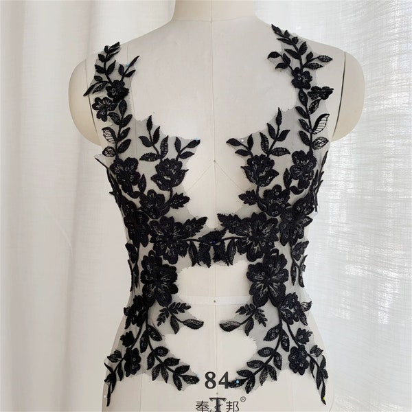 Apliques de encaje negro con lentejuelas transparentes. Un par para vestuario lírico, ballet, vestidos de ilusión, velos y prendas.