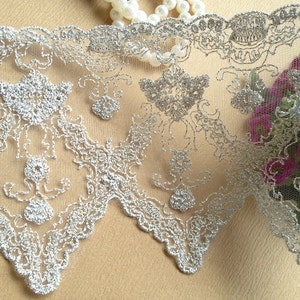 Silver Lace Trim, Tulle Lace, Bridal Trim Lace, Embroidered Lace Fabric image 3