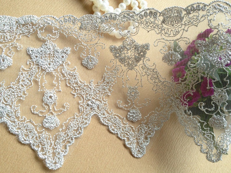 Silver Lace Trim, Tulle Lace, Bridal Trim Lace, Embroidered Lace Fabric image 3