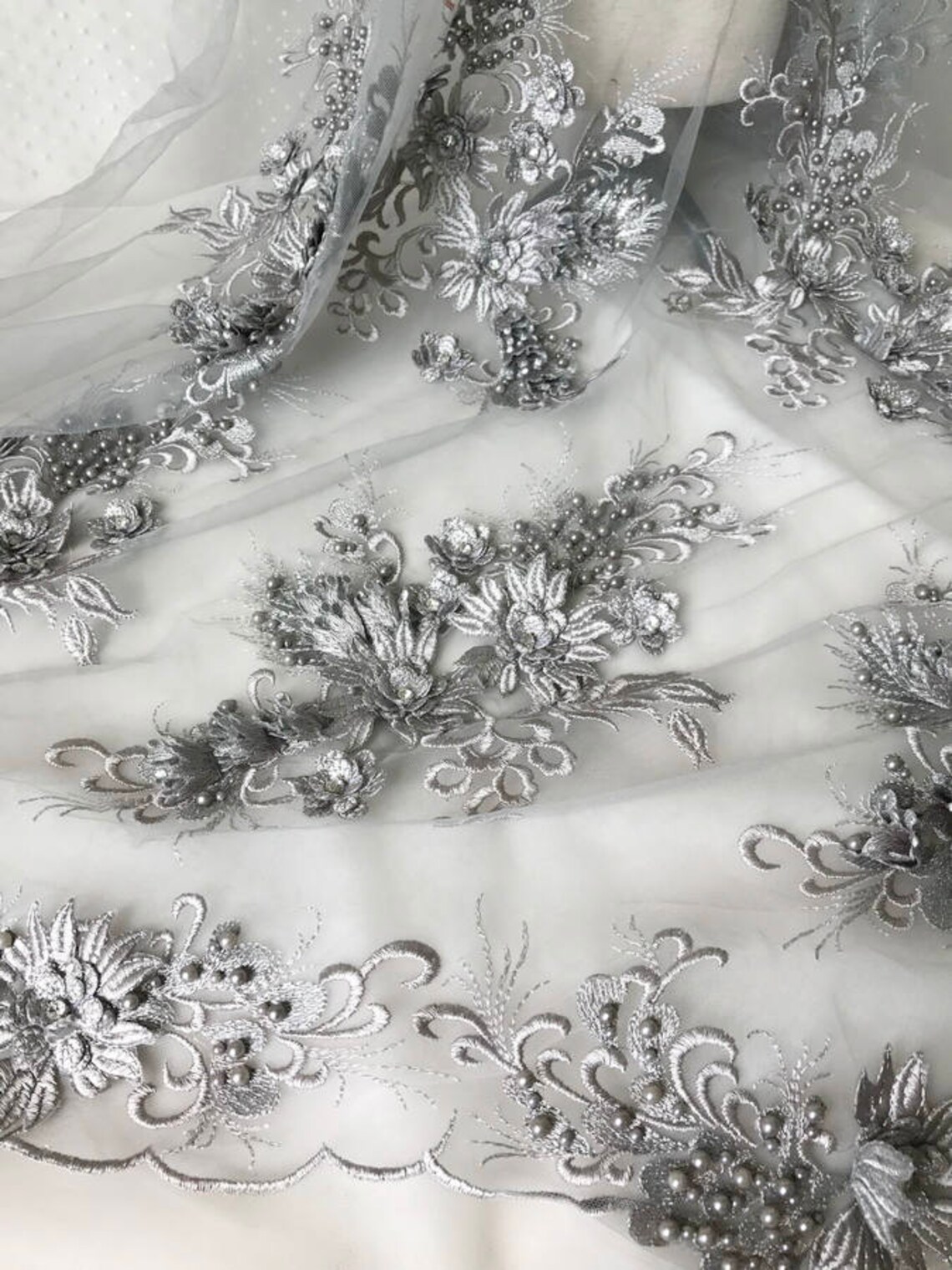 Heavy Beaded Lace Applique Fabrics with Rhinestone in Gray for Etsy