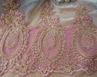 Vintage Gold Alencon Lace on Rose Red Tulle Fabric for Bridal Veils, Wedding Gown, Appliqué, Garments