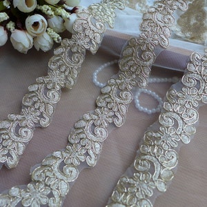 Gold lace, alencon lace trim, bridal garter lace, wedding gown sashes lace trim