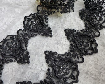 SALE Alencon Black Beaded Lace Trim with Sequined for Wedding Veils, Black Bridal, Applique Lace, Jewelry Design