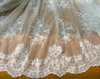 Floral scalloped lace fabric, off white tulle fabric, retro lace fabric, off white bridal lace fabric by yard