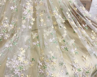 Yellow Pink Green Floral Embroidery Lace Fabric, Off white Mesh Fabric, Multi-color Floral Wedding Lace Fabric