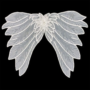 May include: White lace angel wings with a white flower embellishment in the center.