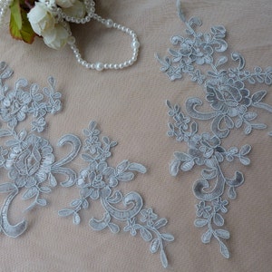 Smoky Gray Wedding Lace Applique Pair for Sweaters, Bridal, Ballroom Dance, Costumes