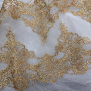 Elegant Embroidery Tulle Lace Trim with Gold Thread for Altered Couture, Bridal, Mantilla,  Costume Design