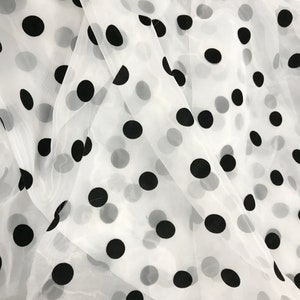 2CM Polka Dots Fabric, Sheer Organza Black Polka Dot Lace Fabric, Retro Flocking Dots Organza Tulle Fabric Off white