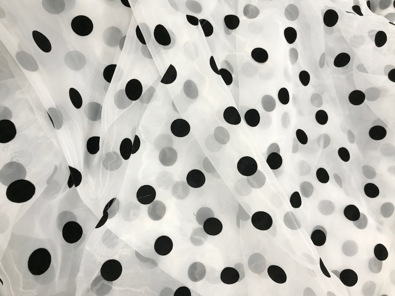 2CM Polka Dots Fabric, Sheer Organza Black Polka Dot Lace Fabric, Retro Flocking Dots Organza Tulle Fabric Off white