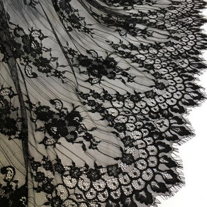 Gorgeous Chantilly Lace 57" wide Black Floral Motif Scalloped Lace Fabric Wedding Gown Party Dress Fabric By the yard