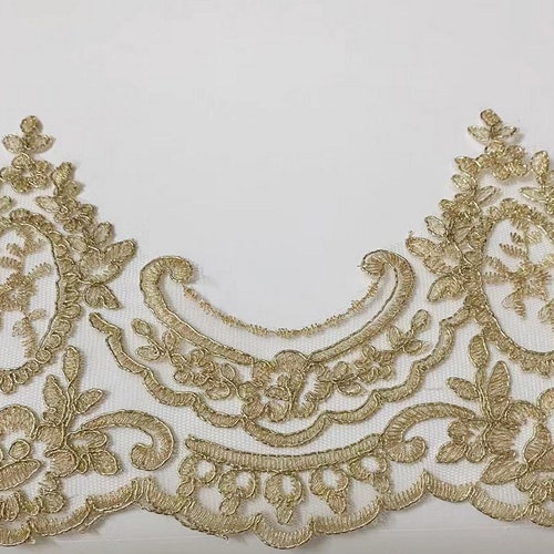 Bordure en dentelle brodée festonnée d'Alençon dorée pour robe de mariée, chapellerie, gants de mariée, costumes