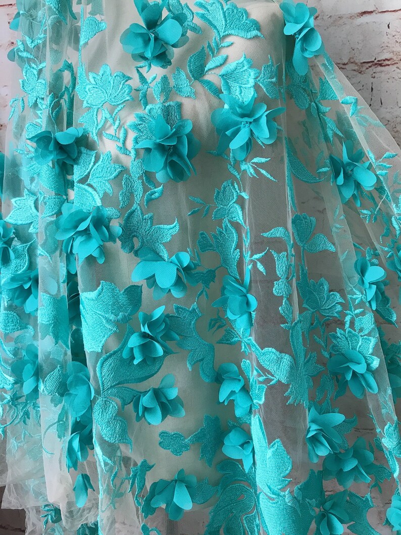 Turquoise Lace Fabric Soft 3D Chiffon Flower Tulle Fabric | Etsy